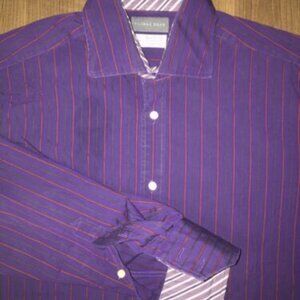 Thomas Dean Purple Red Striped Medium Button Up Shirt Dressy Cotton Dress Shirt
